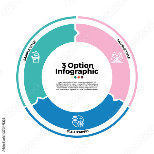 Circle infographic with 3 step section options for business presentations and reports. Circle 3 infographic. Vector illustration editable.