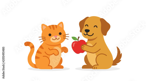 Fényképezés Cartoon cat and dog with apple.
