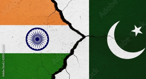 Conceptual illustration of the national flags of India and Pakistan separated by a large crack representing political tension conflict borders and diplomatic division between nations