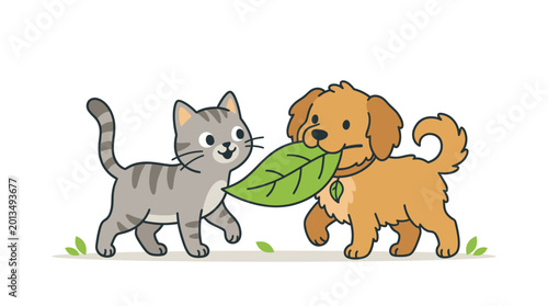 Fotografie Dog and cat playing with leaf.