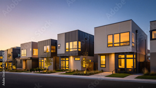 Bilde på lerret Modern boxy architectural homes in residential neighborhood with real estate arc