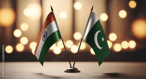 Small desk flags of India and Pakistan standing together on a table with a blurred warm golden light bokeh background representing international diplomacy and peaceful relations