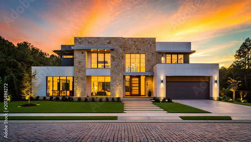 Foto Modern luxury home exterior against a sunset sky with real estate exterior archi