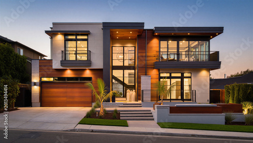Fotografía Contemporary custom home facade at dusk with warm exterior lighting real estate