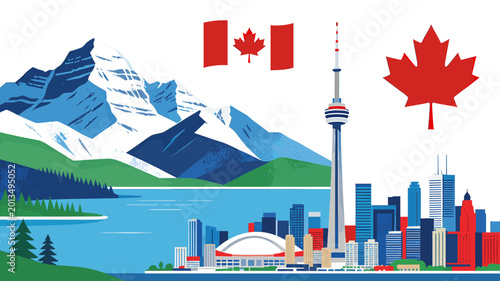 Photography An illustration depicting iconic Canadian landmarks and nature, featuring the Toronto skyline with the CN Tower, a vast lake, majestic mountains, and the Canadian flag and maple leaf