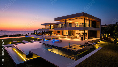 Modern luxury mansion on the oceanfront with glowing pool and terrace at sunset, real estate