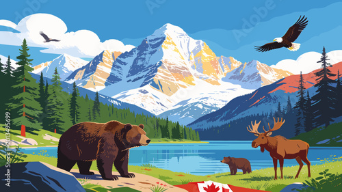 Photos Majestic Canadian Rocky Mountain landscape featuring a grizzly bear, moose, and cubs by a serene lake with soaring eagles overhead