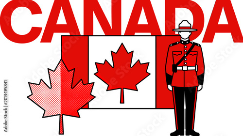 A graphic illustration featuring the word CANADA, a Canadian flag, a red maple leaf, and a Royal Canadian Mounted Police officer.