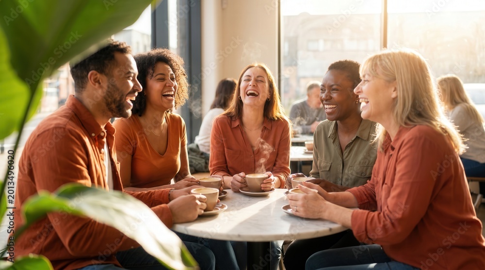 Obraz premium Diverse group of multi-ethnic friends laughing and drinking coffee together in a bright cafe. Social connection, friendship and community lifestyle in a modern coffee shop.