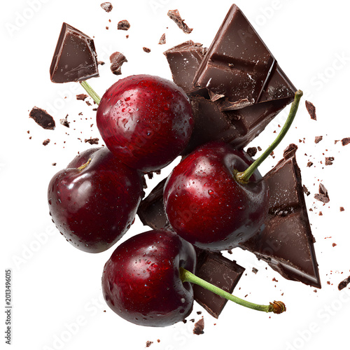 fresh ripe cherries with dark chocolate shards on white background for dessert recipes