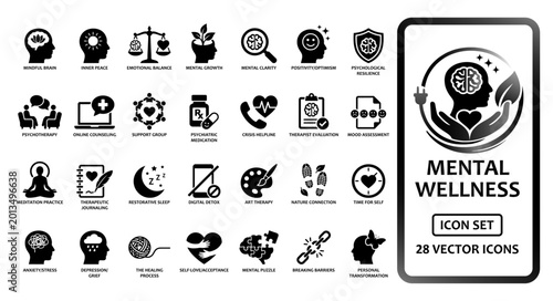 Tableau sur toile Mental wellness and psychology solid icon set containing icons for therapy, meditation, brain health, emotional balance, counseling, and psychiatric care for healthcare apps