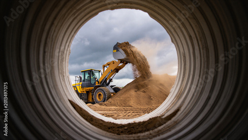 Foto Loader machine excavating soil through a large corrugated pipe