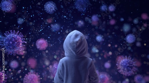 Child in hoodie surrounded by floating virus particles in dark blue space