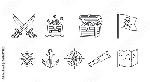 Fotografía Pirate Icons: Treasure Chest, Swords, Map, Compass, Anchor, Spyglass, Skull Flag