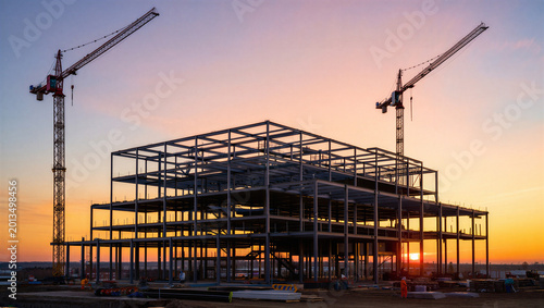 Fényképezés Large steel structure building under construction at sunset with towering cranes
