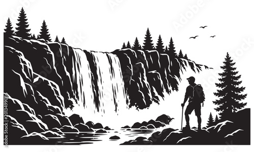 Obraz na plátne Waterfall exploration silhouette, waterfall hiking, adventure scene, vector isol