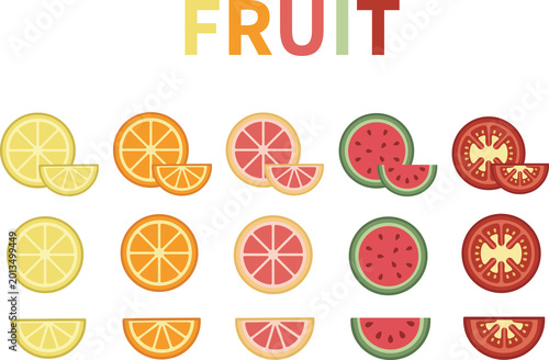 Flat vector fruit slices set isolated on transparent background, fresh citrus lemon, orange, watermelon, and tomato cross section icons for healthy food and summer juice design