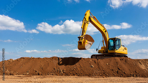 Obraz na płótnie Yellow excavator digging a pile of dirt against a blue sky with clouds