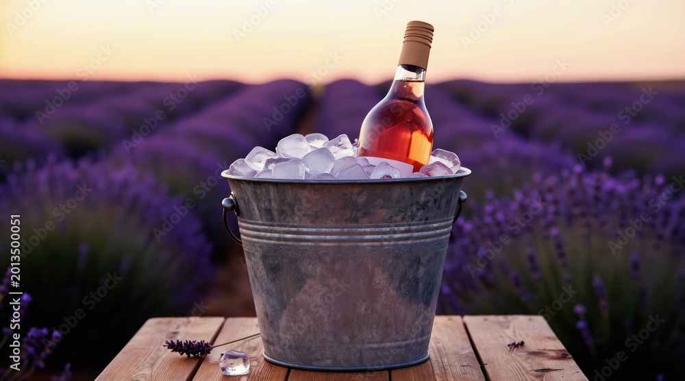 Fototapeta premium Bottle of rose wine chills in ice bucket amid purple lavender field at sunset. Summer evening drinks on wooden table with floral sprigs and ice cubes.