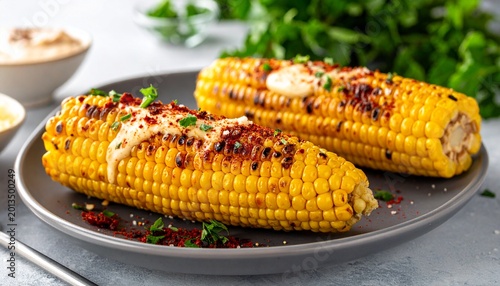Grilled corn on the cob topped with butter, herbs, and chili flakes, served on a rustic plate with vibrant flavors and fresh garnish.