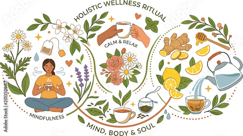 Foto Holistic wellness ritual vector illustration with mindfulness herbal tea natural