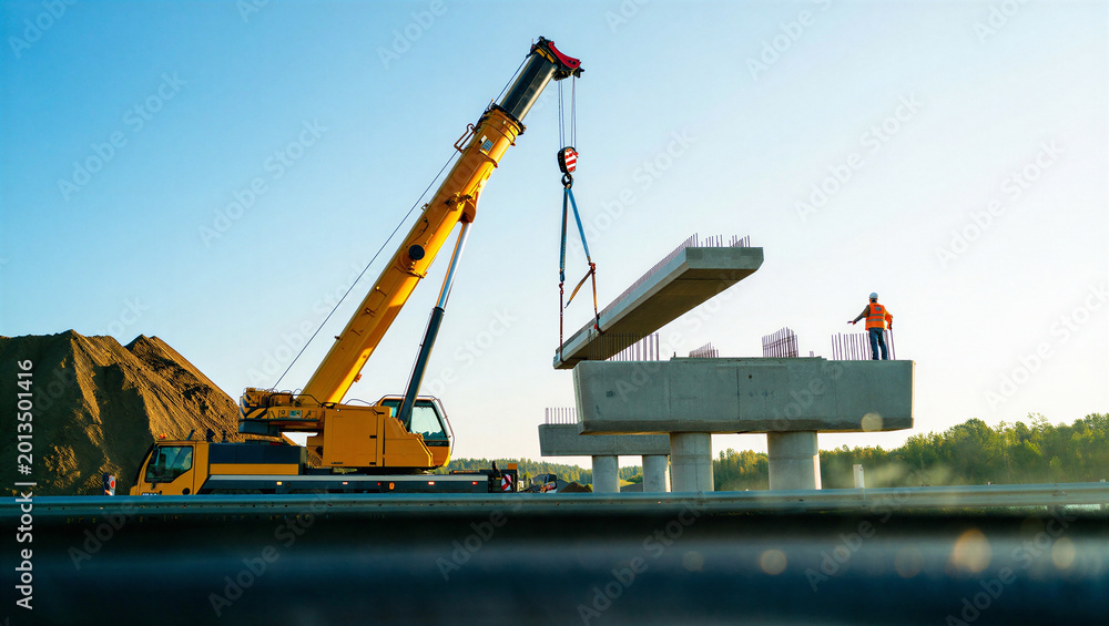 Fototapeta premium Crane Lifting Concrete Section at Bridge Construction Site
