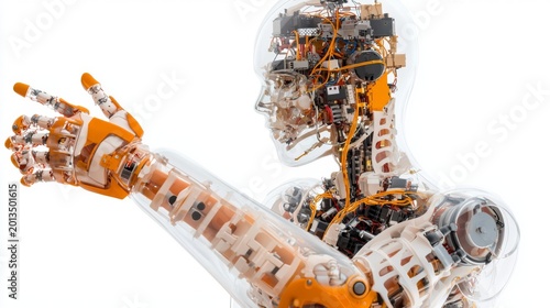 Transparent Robotic Human Model with Visible Internal Mechanics and Circuitry in a Futuristic Design