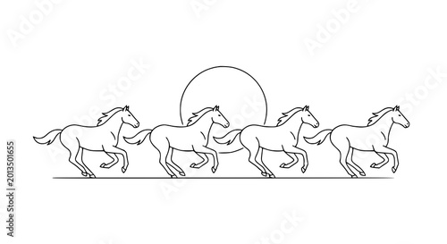 Tableau sur toile Minimal horses galloping sunset vector illustration with simple line art wildlif