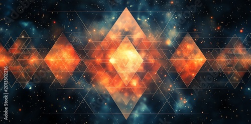 Abstract Geometric Pattern with Bright Orange and Blue Lights in Space Style