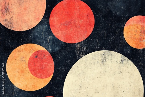 Abstract Geometric Pattern with Large Red Orange and Cream Circles on Dark Background