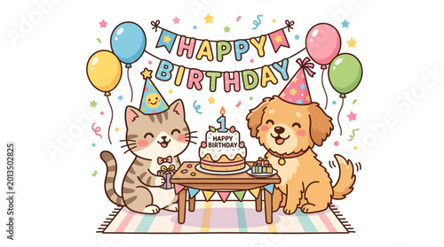 Photos Cat and dog wearing party hats.