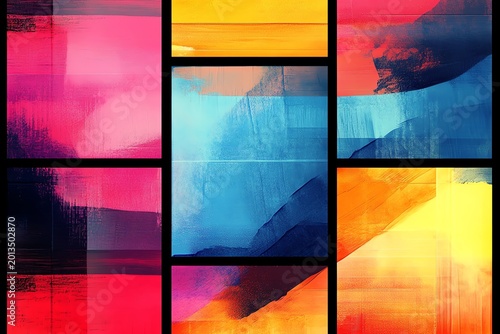 Colorful Abstract Geometric Painting with Bright Pink Blue Yellow Orange Tones