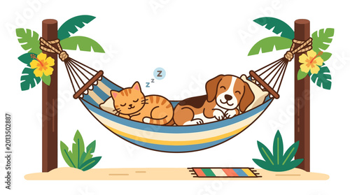Fényképezés Cuddly dog and sleeping cat friends.
