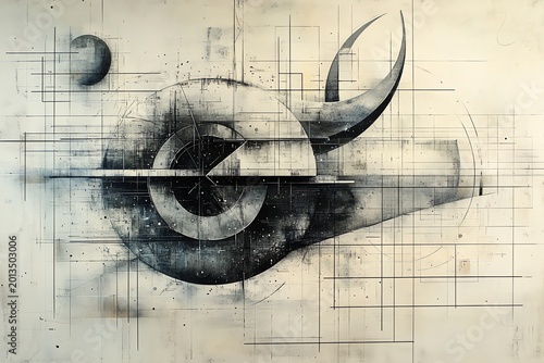 Abstract Geometric Digital Artwork with Circular and Angular Elements in Monochrome Colors