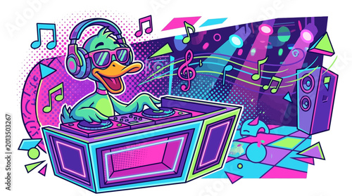 Canvas Print Colorful EDM Duck DJ in Absurd Nightlife Vector Artwork