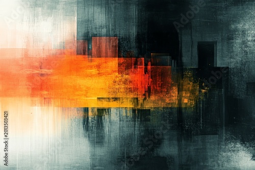 Abstract Geometric Cityscape with Bright Orange Red Yellow Colors and Dark Background