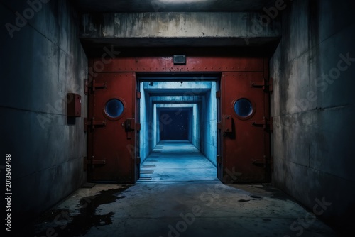 Underground bunker entrance with red metal doors and dark concrete corridor. Cold war era shelter, military defense structure. Atomic bomb survival safe place, hidden secret facility.