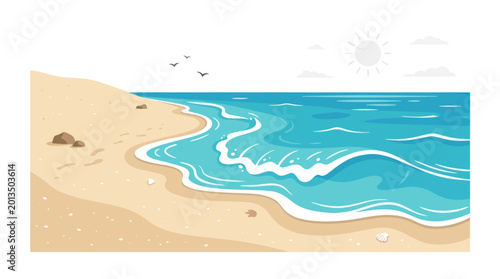 Foto Waves crashing on sandy beach shore.