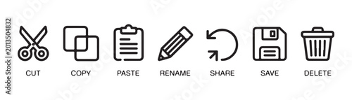 Canvastavla Cut copy paste rename share save delete icons set vector file management operations symbols