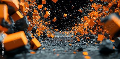 Abstract Digital Space Tunnel with Floating Orange Cubes and Dark Background
