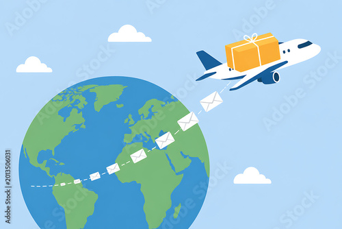A cargo airplane delivering packages and mail across the world globe.