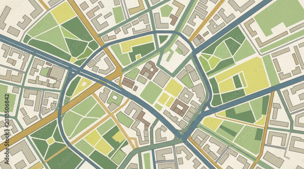 Fototapeta premium Aerial View of City Map with Roads and Green Spaces.