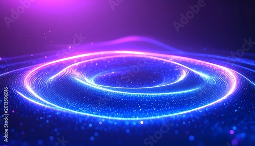 Abstract glowing neon light rings and particles shimmering on a dark background, creating a futuristic and cosmic energy wave effect, high-resolution digital art