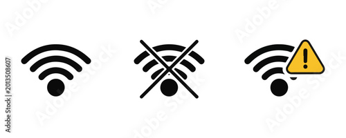 Fotografija Set of wifi signal icons including connected disconnected and warning status in flat black and yellow