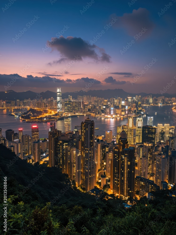 Obraz premium Cityscape Panorama Overlooking Vibrant Asian Metropolis at Dusk