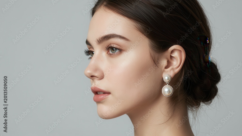 Naklejka premium Elegant Young Woman with Pearl Earring Portrait on Gray Background