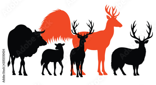 Photos Deer and Bison Silhouettes on White Background
