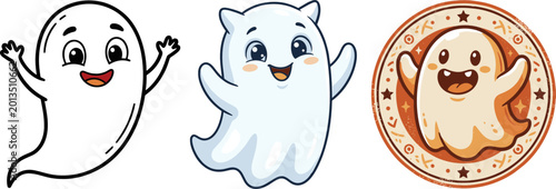 Quadro su tela Cartoon Ghost Vector Illustrations Depicting Friendly White, Blue, and Beige Spi
