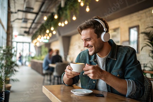 Man smiles, wearing headphones, sipping coffee