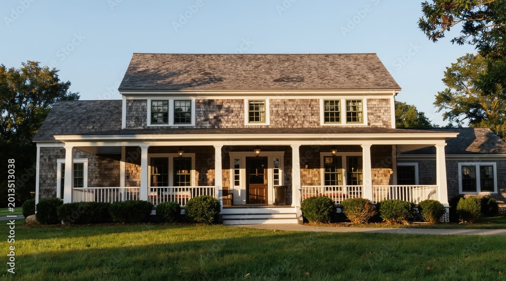 Fototapeta premium New England style house with shingle siding, wrap around porch. Classic home exterior with traditional lanterns, manicured lawn. Sunny day shows off architectural details of this beautiful residence.
